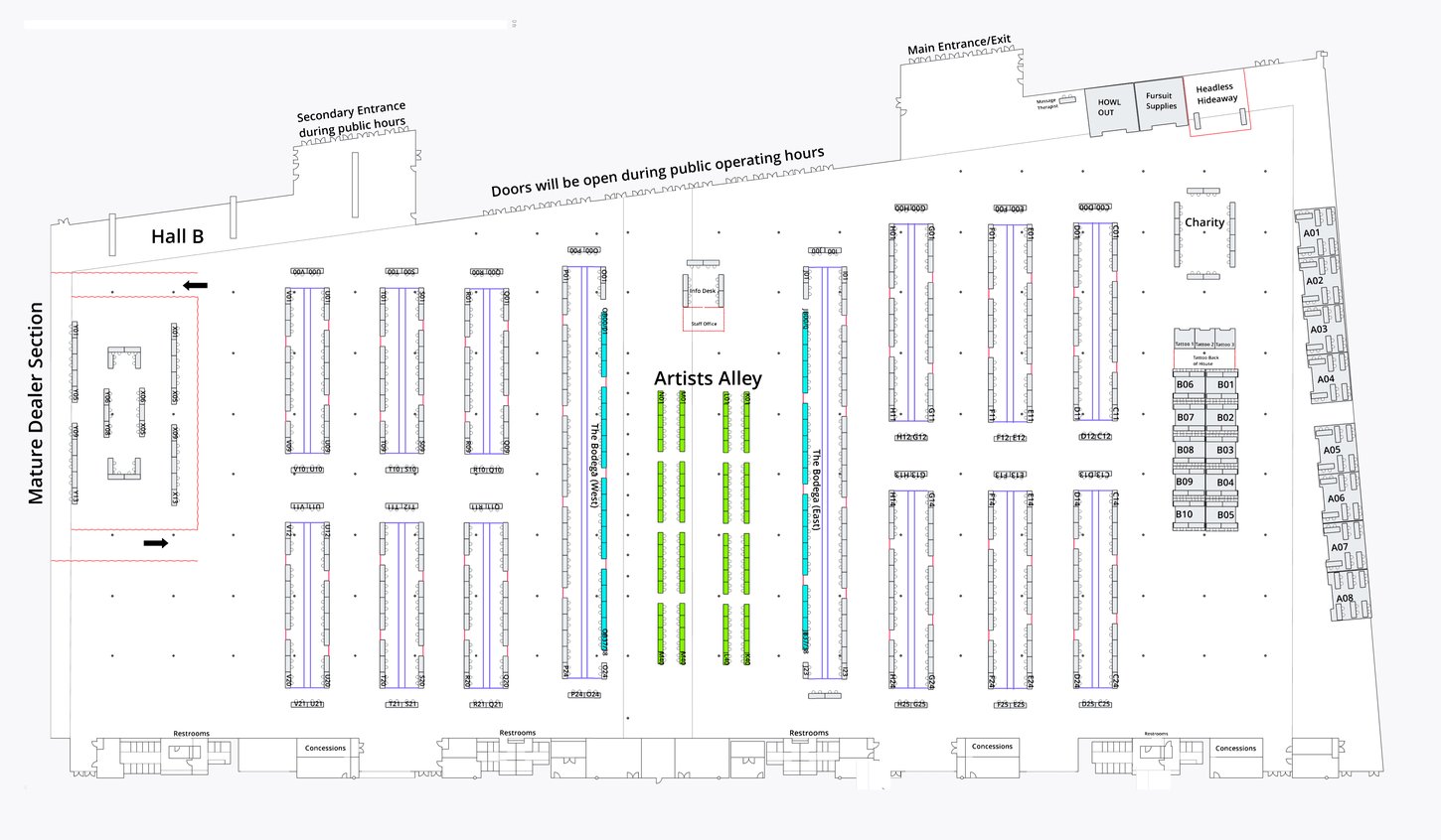 A diagram of the Anthrocon 2025 Dealers Room where different vendors are located.